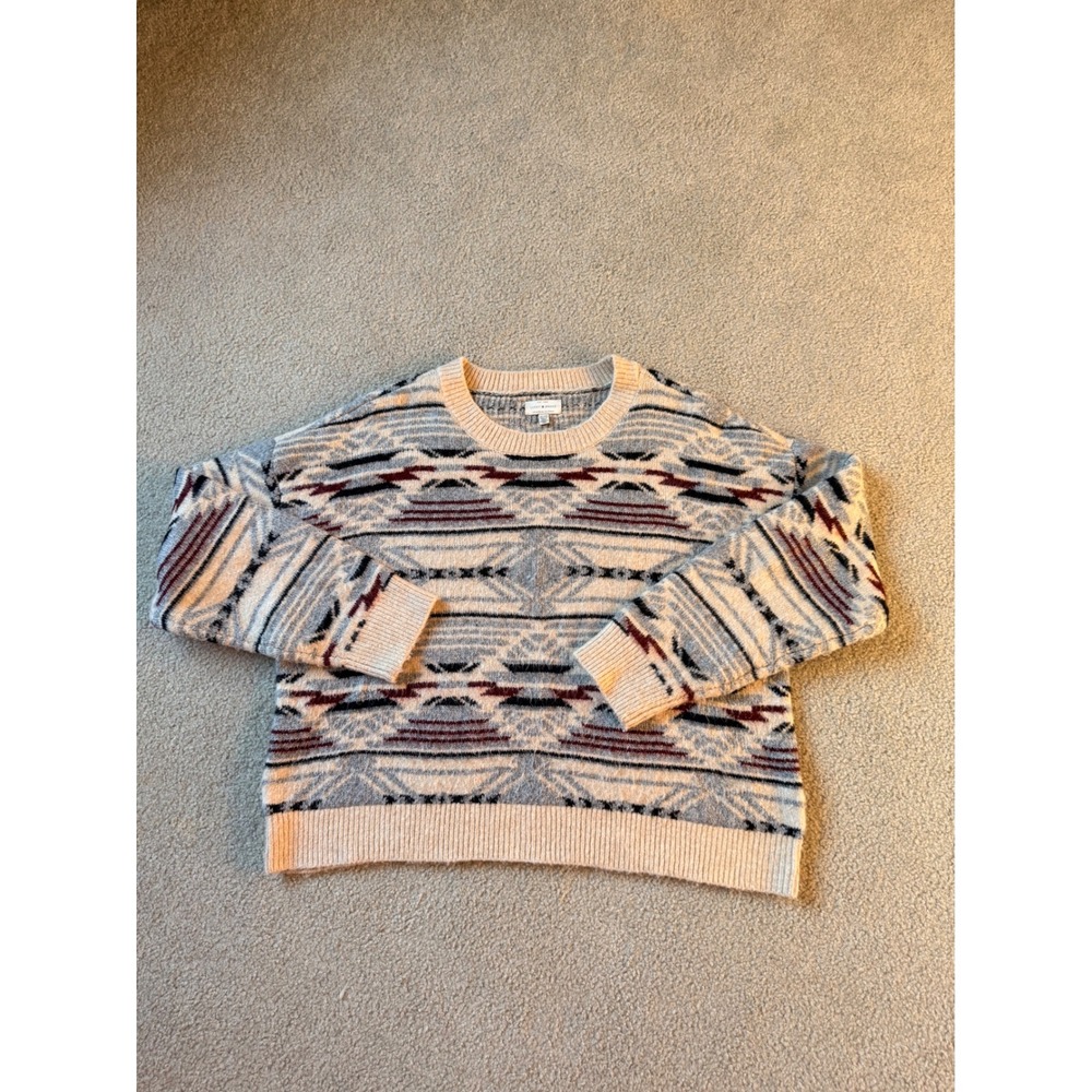 Lucky Brand Womens XL Southwestern Geometric Knit Crewneck Sweater Blue Cream